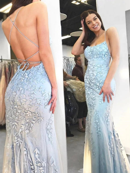 Free Shipping Charming Mermaid Prom Dresses Spaghetti Straps Tulle Prom Gowns with Appliques VK0105005