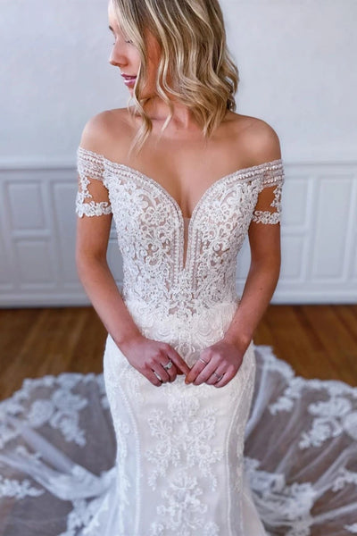 Mermaid Short Sleeves Long White Lace Wedding Bridal Dress VK0316004