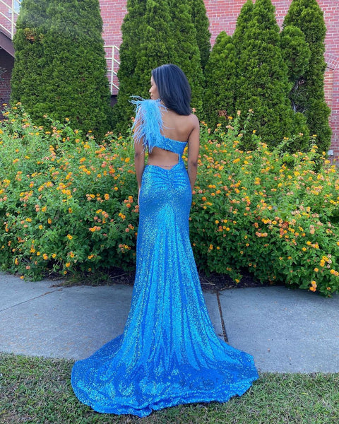 Cute Mermaid One Shoulder Royal Blue Sequins Prom Dresses with Slit VK23011305
