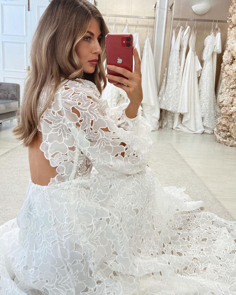 Unique A Line Square Neck Lace Wedding Dresses VK082504