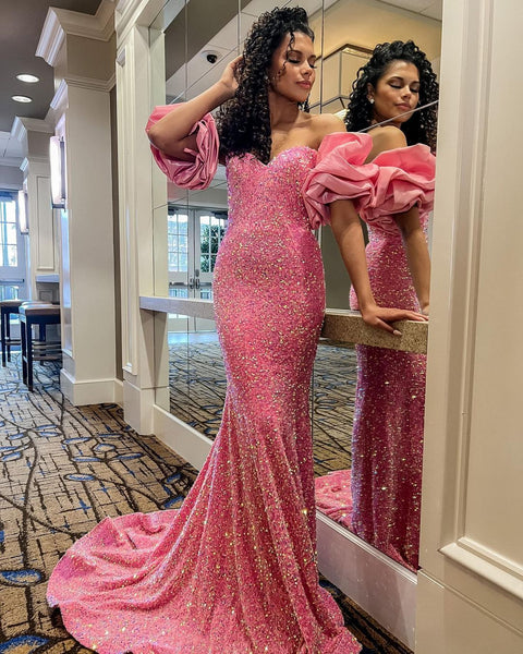Charming Mermaid Sweetheart Coral Sequins Long Prom Dresses VK23013002