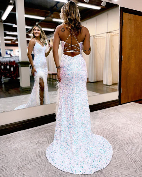 Sparkly Mermaid V Neck Royal Blue Sequins Long Prom Dresses with Slit VK111901