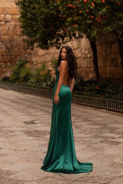 Sexy Mermaid V Neck Bakless Hunter Green Long Prom Evening Dresses with High Slit VK0602002