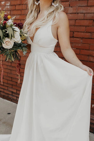 Elegant A-Line Deep V-Neck Empire A-line Ivory Wedding Dress with Pockets VK0320002