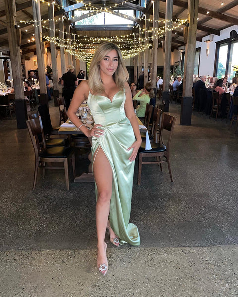 Sexy Mermaid Sage Green Satin Long Prom Evening Dresses with Slit 2022 VK2202303