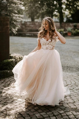 Wonderful Appliqued A-line Wedding Dresses Off the Shoulder Tulle Gowns VK0311001