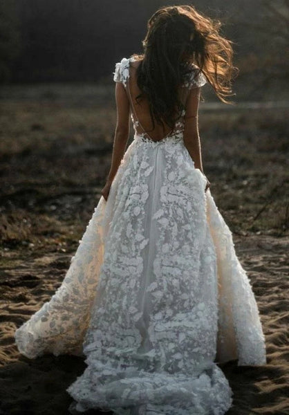 Free Shipping A Line Ivory V Neck Country Wedding Dresses with Appliques Beach Bridal Gowns VK0120024