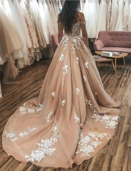 Off Shoulder Gold Wedding Dresses Ball Gown evening Dresses Lace Bridal Dress VK0125002