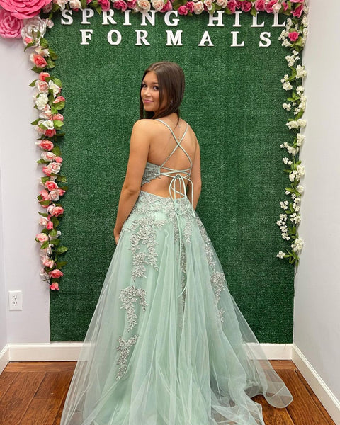 Cute A Line V Neck Sage Green Tulle Prom Dresses with Appliques VK3010302