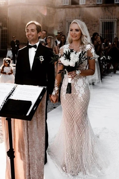 Mermaid Long Sleeves Floral Lace Wedding Dress with Sweep Train VK0129002