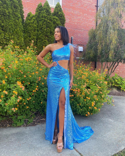 Cute Mermaid One Shoulder Royal Blue Sequins Prom Dresses with Slit VK23011305