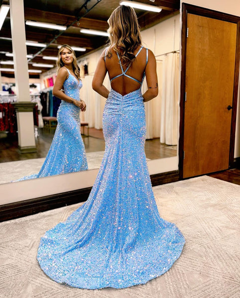Charming Sparkly V Neck Mermaid Blue Velvet Sequins Prom Dresses VK23010604
