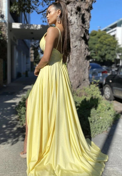Sexy V Neck Backless Yellow Long Prom Dresses with Split, Backless Yellow Formal Dresses, Yellow Graduation Evening Dresses VK0508005