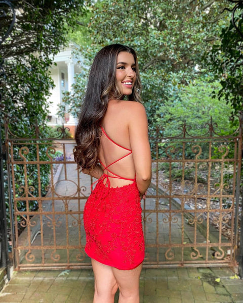 Cute Bodycon Sweetheart Red Lace Homecoming Dresses VK112802