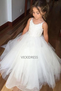 Cute A-line Straps Long Flower Girl Dress,Princess Tulle Flower Girl Dresses,Lace Ball Gowns VK0101035