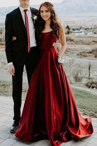 Elegant A Line Red Spaghetti Straps Satin Prom Dresses with Pockets, Evening Dress VK0127012
