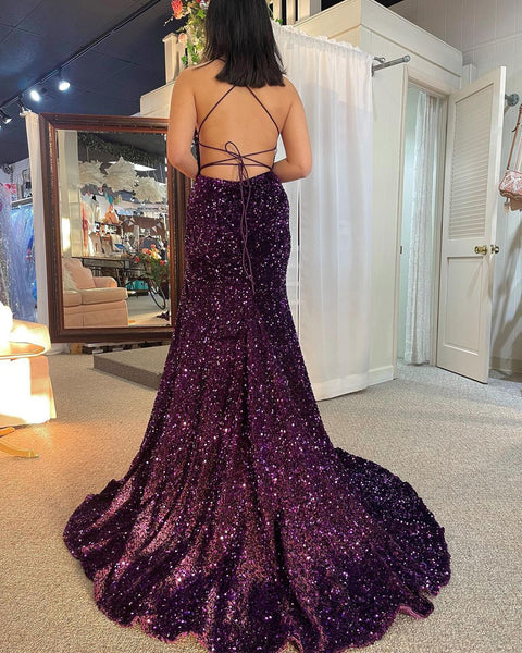 Cute Mermaid Scoop Neck Purple Sequins Prom Dresses with Slit VK123104
