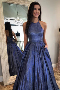 Free Shipping Charming Navy Blue Halter A Line Long Prom Dresses with Pockets, Evening Dresses VK0125011