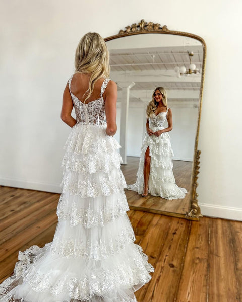 Cute A Line Off the Shoulder Sparkly Lace Prom Dresses with Slit VK23012705