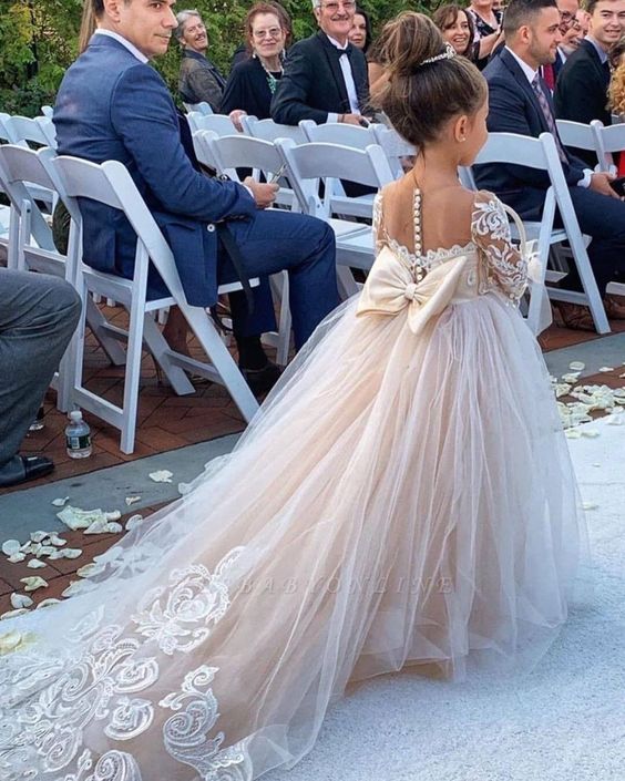 Princess Jewel Long Sleeves Sweep Train Lace Tulle Flower Girl Dresses with Bowknot VK0522001