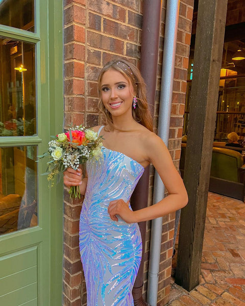 Charming Mermaid One Shoulder White Sequins Long Prom Dresses VK23020702