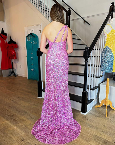 Charming Mermaid Pink Sequins Slit Long Prom Dresses VK23011703