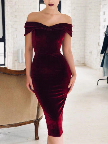 Charming Velvet Off-the-shoulder Tea-length Sheath Evening Dresses Wedding Guest Dresses VK0328006