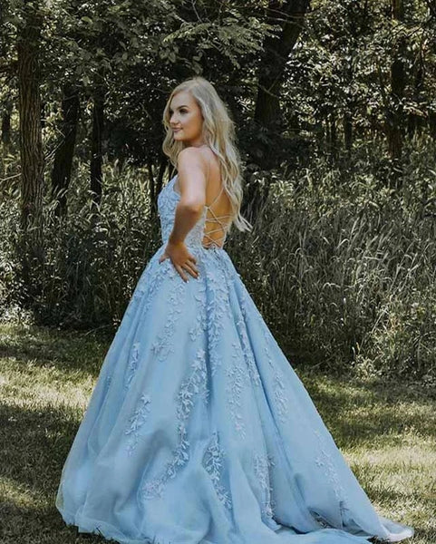 Charming A-Line Scoop Neck Cross Back Blue Tulle Lace Prom Dresses,Formal Gown VK0422004