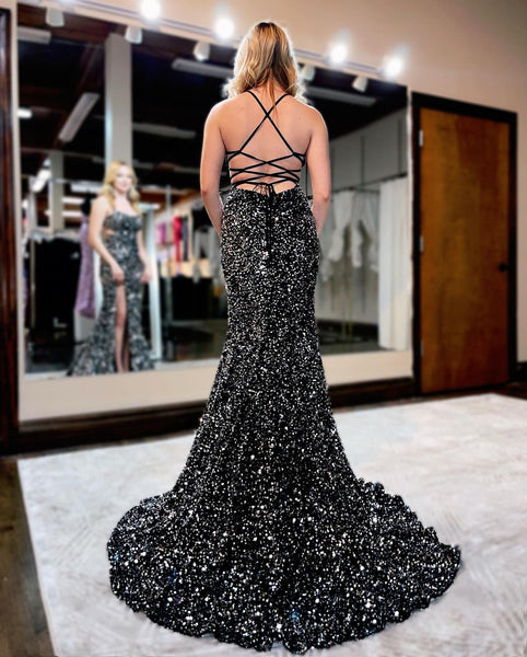 Charming Mermaid Sweetheart Black Sequins Long Prom Dresses with Slit VK23020404