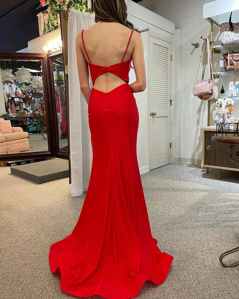 Cute Mermaid Straps Red Satin Prom Dresses with Slit VK120609