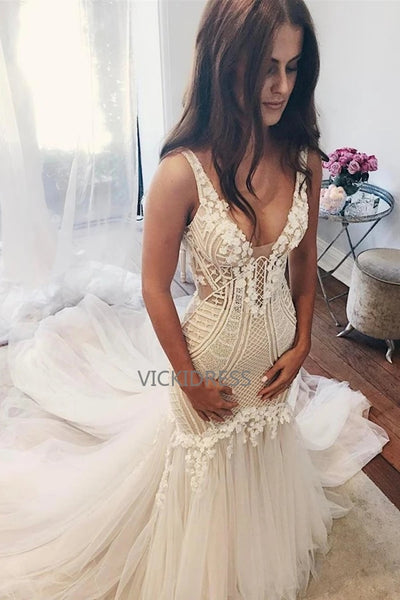 Free Shipping Charming Elegant Mermaid Zipper Back Lace Tulle Long V Neck Modest Wedding Dresses With Appliques VK0401011