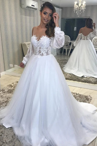 Unique A-Line Off the Shoulder Long Sleeve White Tulle Lace Wedding Dresses VK0318009
