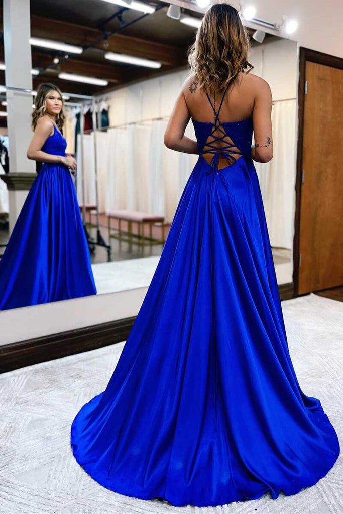 Cute A Line V Neck Royal Blue Satin Long Prom Dresses with Slit