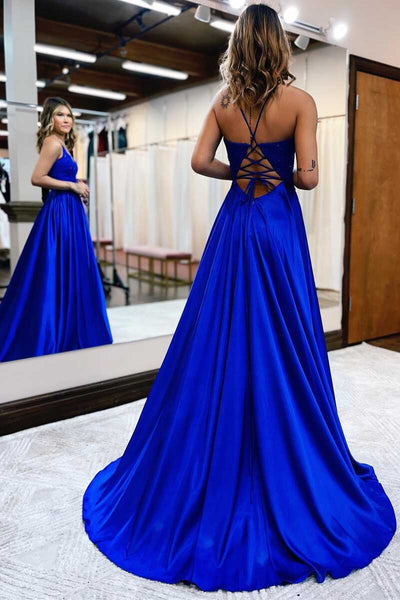 Cute A Line V Neck Royal Blue Satin Long Prom Dresses with Slit VK112601