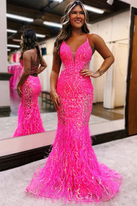 Fuchsia V Neck Sequin Lace Mermaid Long Prom Dresses with Feather VK24010604
