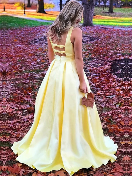 Free Shipping Pretty A-Line V Neck Yellow Satin Long Prom Evening Dresses with Bows VK0119054