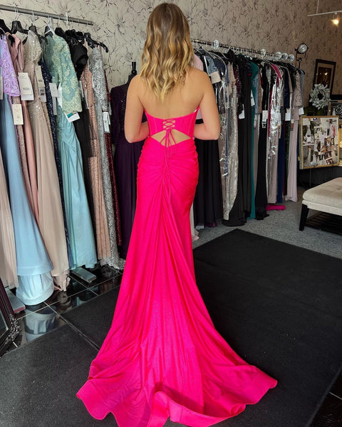 Cute Mermaid Sweetheart Hot Pink Satin Prom Dresses with Slit VK3010305