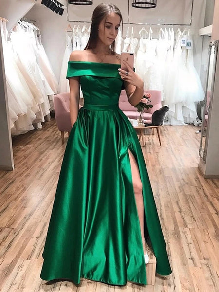 Free Shipping Elegant A-Line Off the Shoulder Green Satin Long Prom Dresses with Slit Formal Evening Party Dresses with Pockets VK0118018
