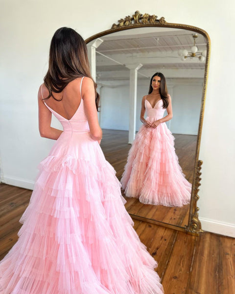 Cute A Line V Neck Sweetheart Pink Tulle Long Prom Dresses VK23022502