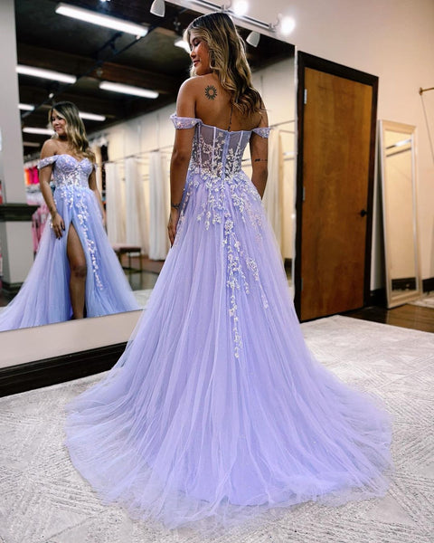 Cute A Line Off the Shoulder Lavender Tulle Prom Dresses with Slit VK122002