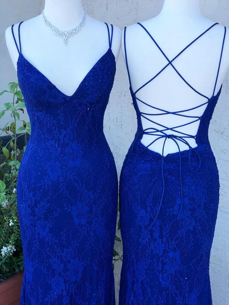 Stunning Lace Prom Dresses Mermaid Beaded Spaghetti Straps Evening Gowns VK0112010