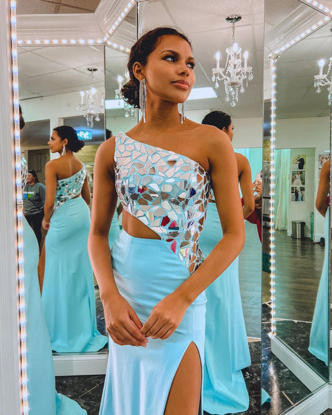 Cute Mermaid One Shoulder Blue Elasitc Satin Slit Prom Dresses with Beaded VK23011404