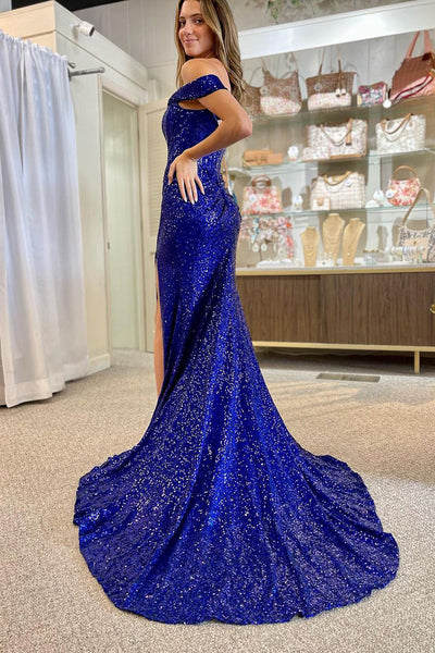 Sparkly Mermaid Off the Shoulder Dark Green Sequins Long Prom Evening Dresses VK23082402