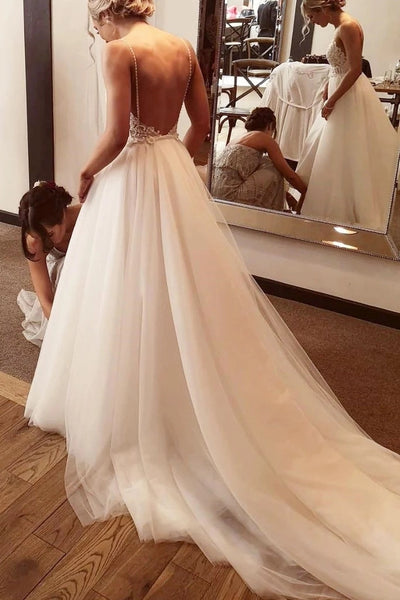 Charming A-Line Backless Spaghetti Straps Tulle Beach Wedding Dresses, Lace Applique Bridal Dress VK0501002
