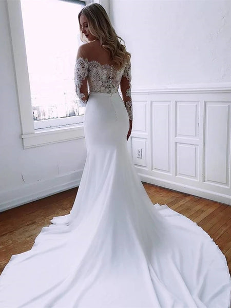 Mermaid Round Neck Long Sleeves Lace Chiffon White Wedding Dresses VK0529003