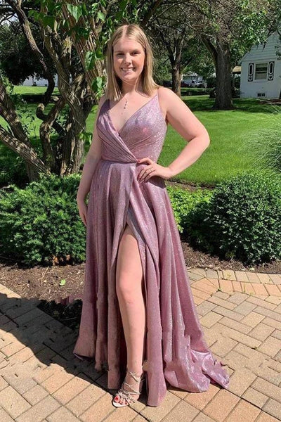 Sparkly A-line Spaghetti Straps Prom Dresses, Evening Dresses With Slit VK0801007