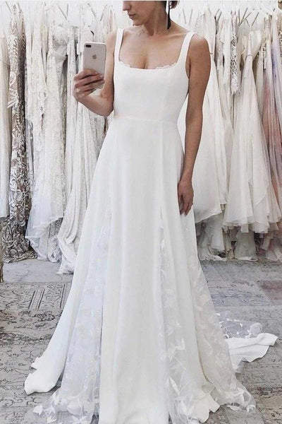 Free Shipping Elegant A-Line Square Neck White Chiffon Wedding Dresses with Lace VK0120020
