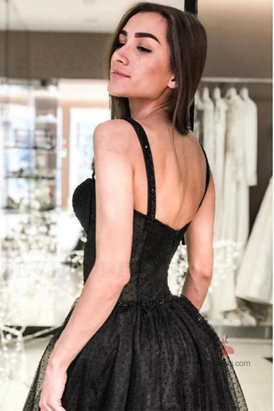 Black A-line Sleeveless Spaghetti Straps Long Prom Dresses, Evening Dresses VK0801008