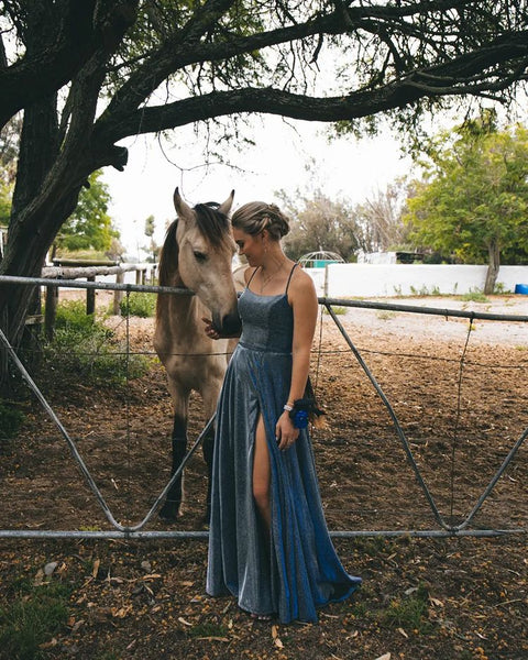Gorgeous A-Line Scoop Neck Navy Sparkly Satin Long Prom Dresses with Pockets VK22022209
