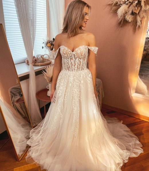 Fairy A Line Sweetheart Tulle Wedding Dresses with Lace VK23010805
